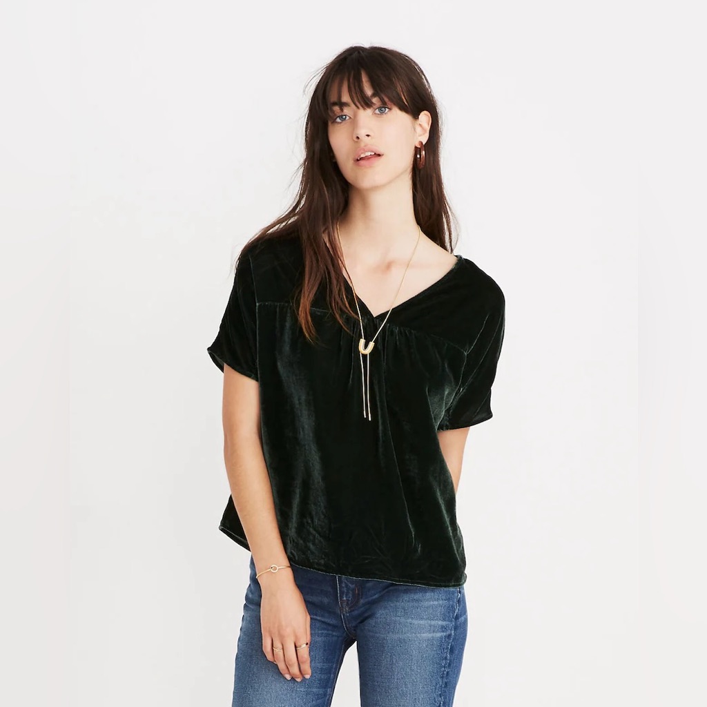 Madewell Velvet “Rhyme” Top Blouse In “Smoky Spruce”, Women’s Small